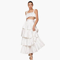 High Waisted Satin Tiered Maxi Skirt