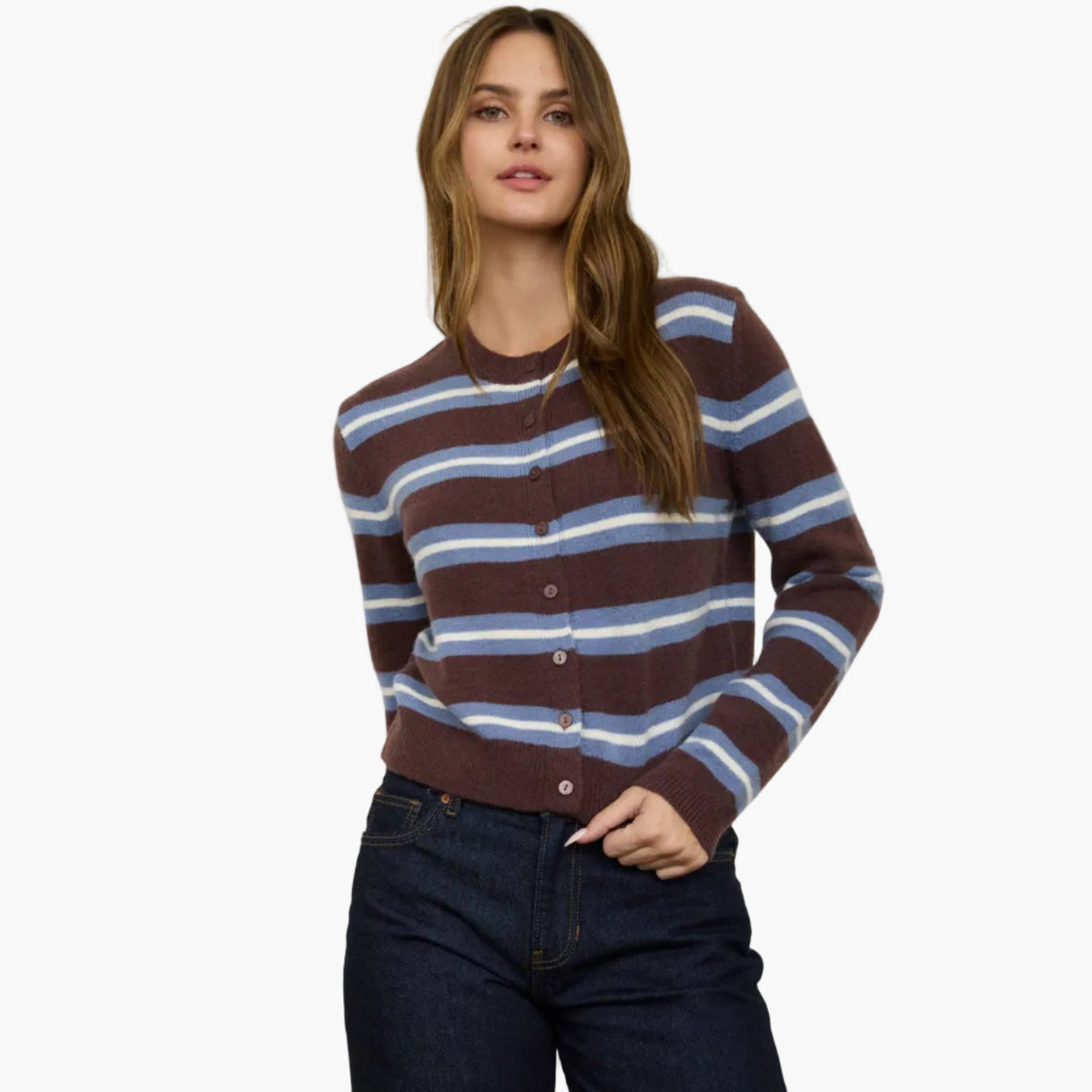 Brown Multi Color Stripe Knit Cardigan