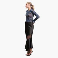 Black Satin Bias Lace Panel Skirt