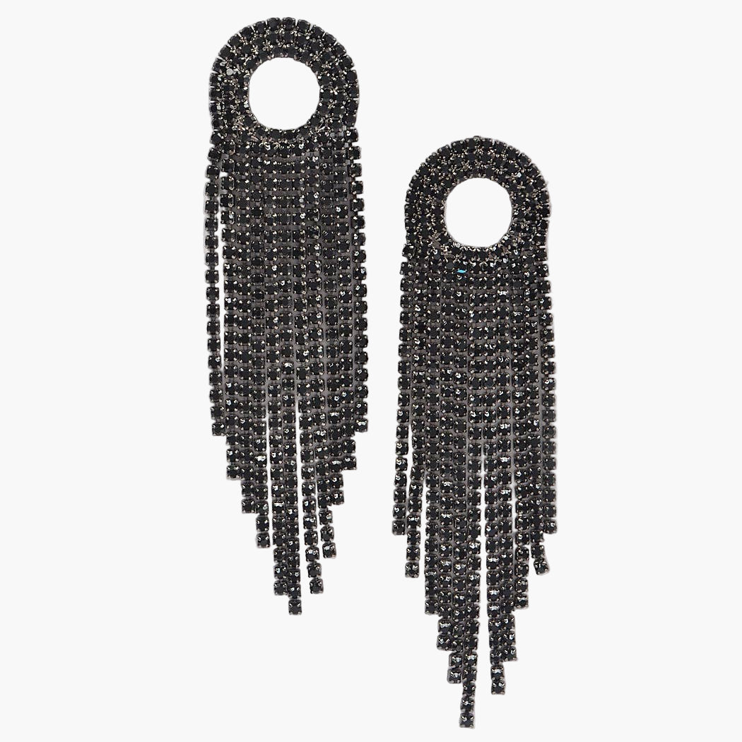 Pair of long Black Rhinestone Fringe Earrings with a dramatic dangle design.
