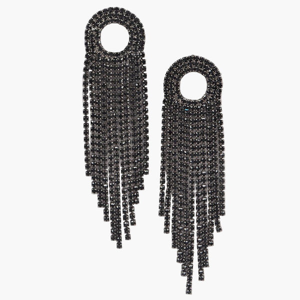Pair of long Black Rhinestone Fringe Earrings with a dramatic dangle design.
