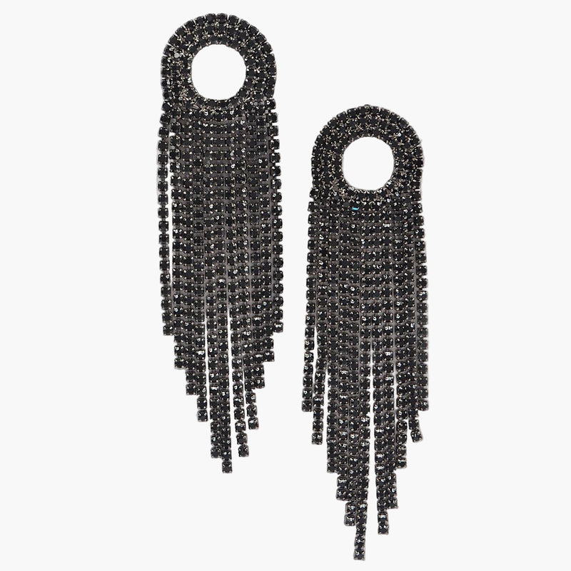 Pair of long Black Rhinestone Fringe Earrings with a dramatic dangle design.
