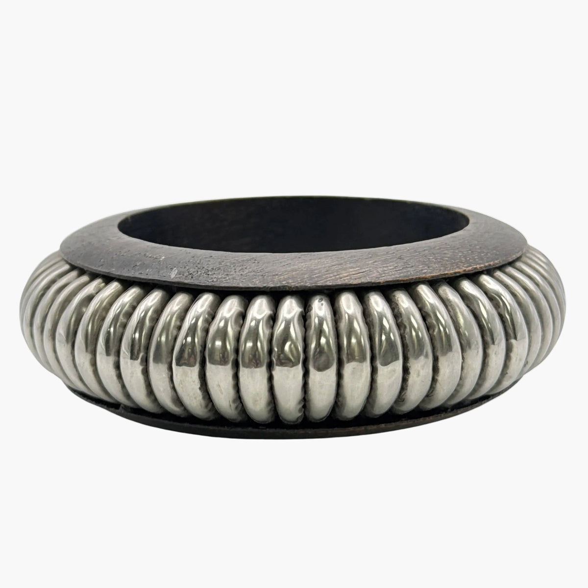 Chunky Wood & Silver Coil Bangle-Bohemian Style