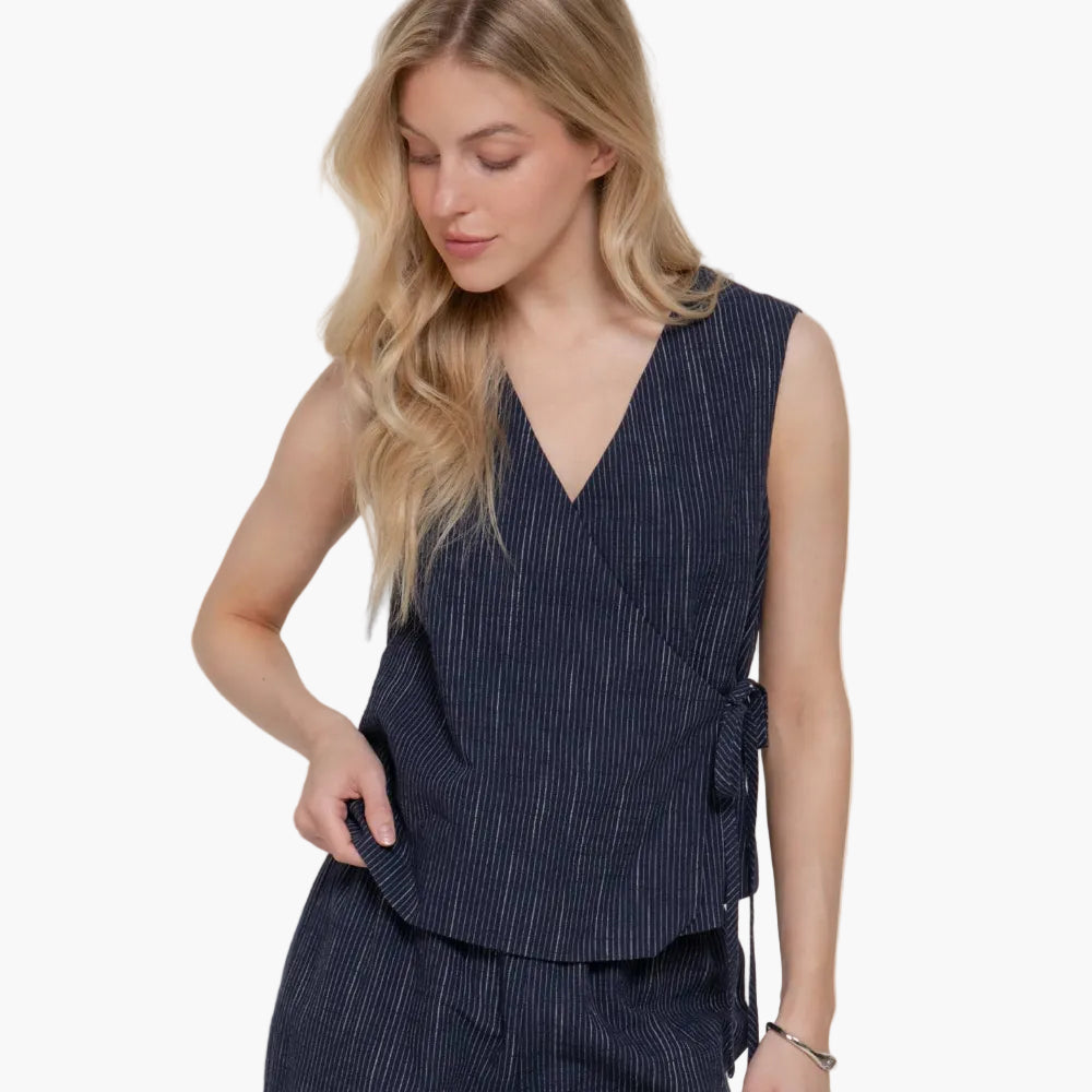Sleeveless V-Neck Surplice Striped Cotton Top