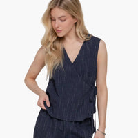 Sleeveless V-Neck Surplice Striped Cotton Top