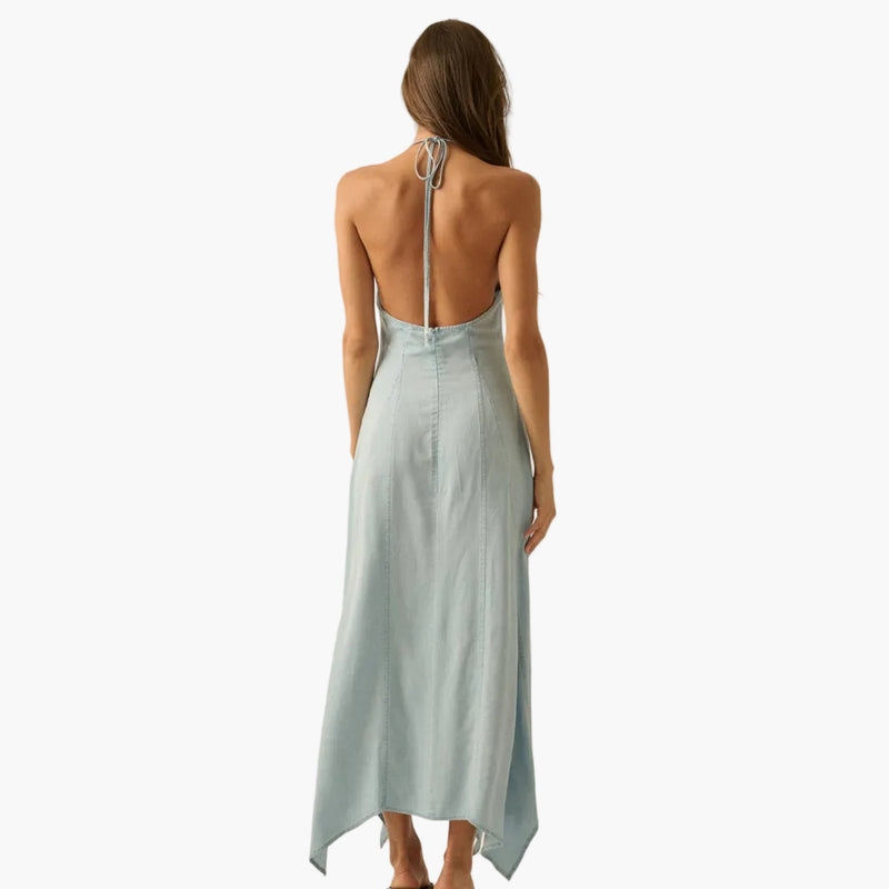 Tencel Denim Halter Handkerchief Maxi Dress