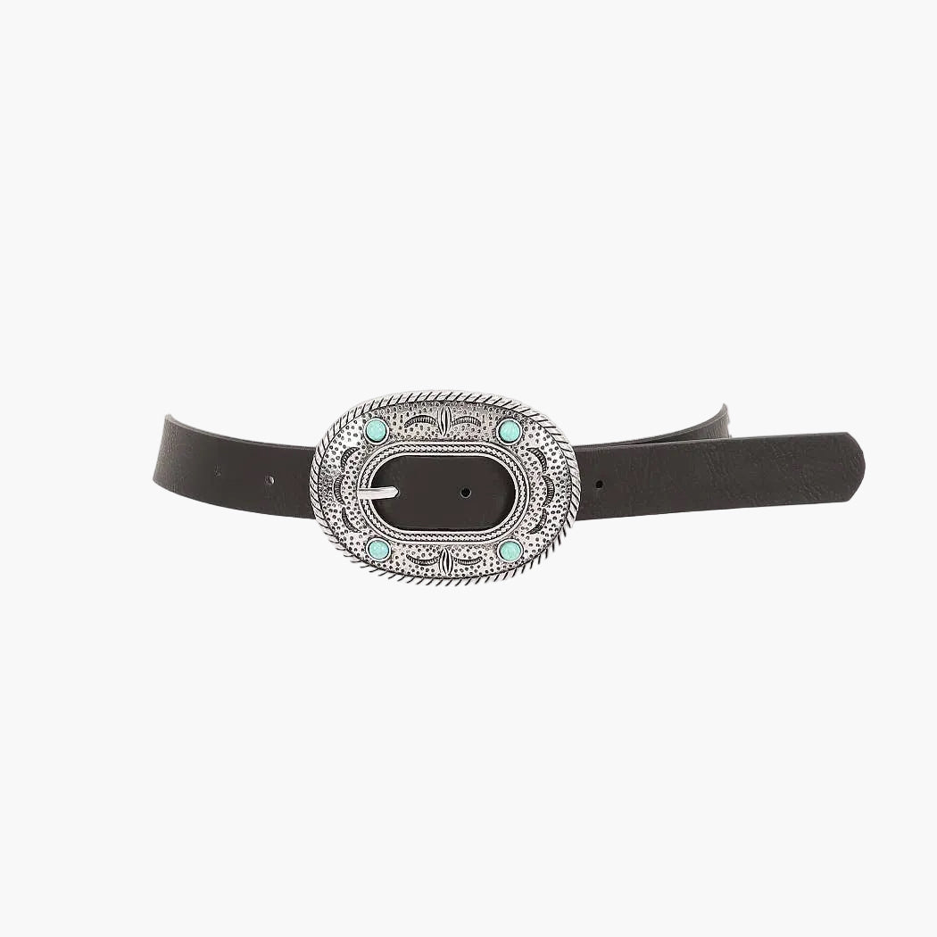 Silver Turquoise Accent Faux Leather Multi Metal Belt