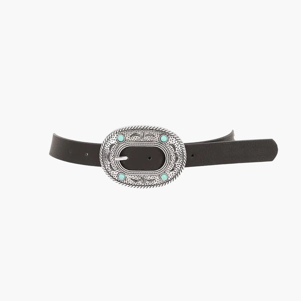 Silver Turquoise Accent Faux Leather Multi Metal Belt