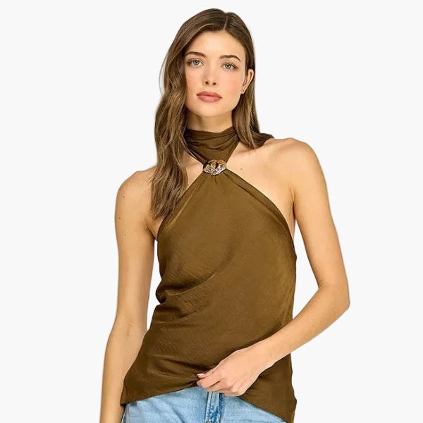 Olive Halter Top With Hardware Detail