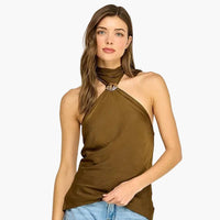 Olive Halter Top With Hardware Detail