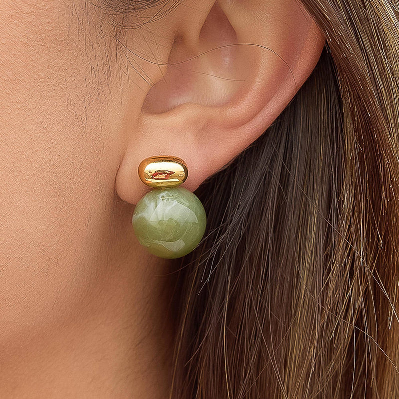 Velisse 18K Gold Plated Non-Tarnish Green Marble Ball Earrings