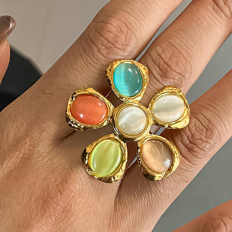 Stephane 18K Non-Tarnish Vintage Stone Floral Ring