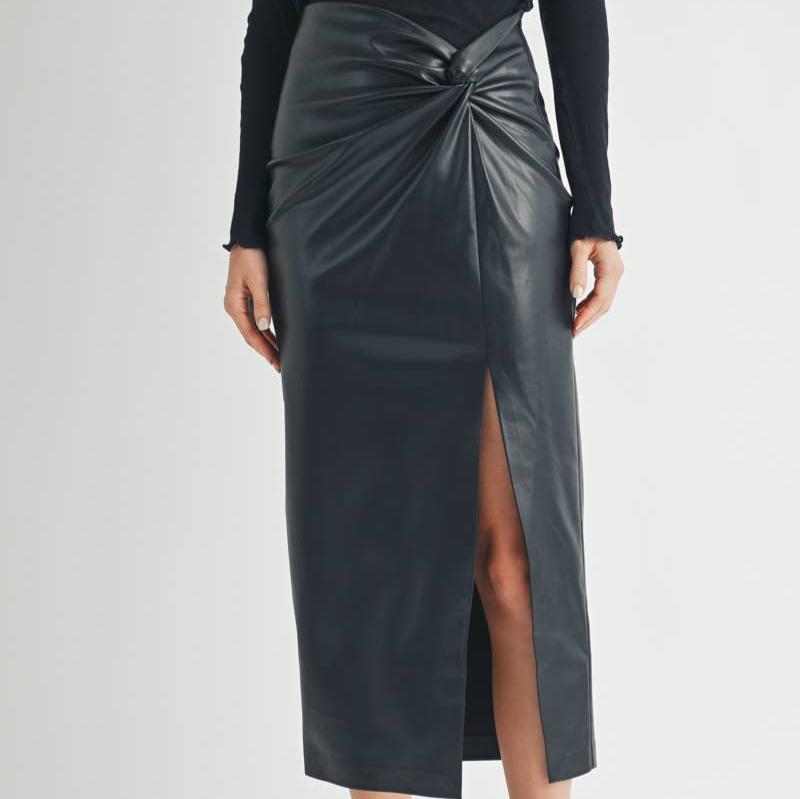 Twist Waist Faux Leather Midi Skirt