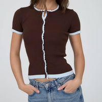 Brown Contrast Trim Short Sleeve Cardigan