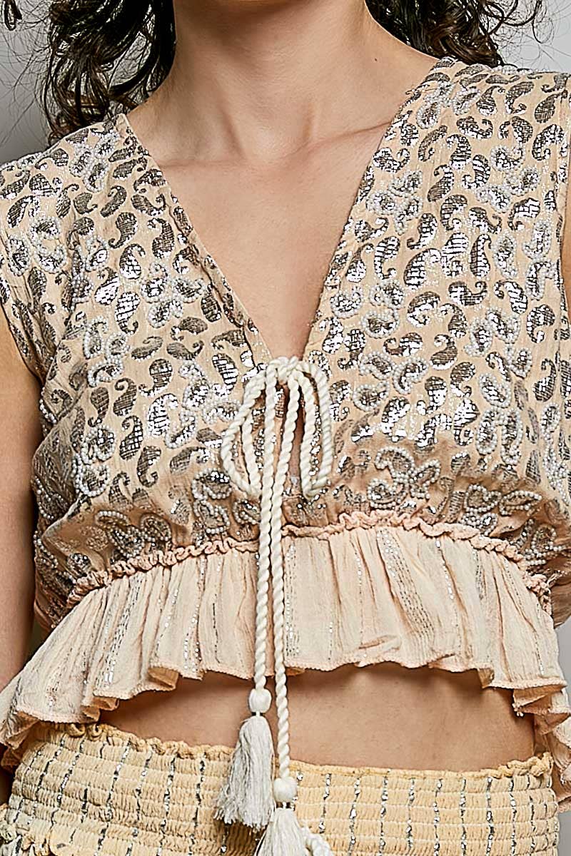 Front Tie Sleeveless Tassel Boho Top