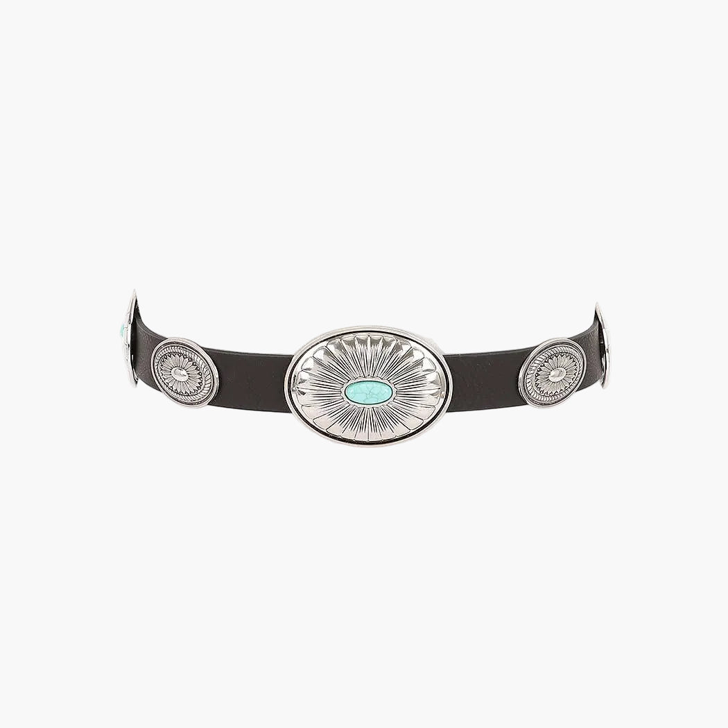 Silver Turquoise Accent Faux Leather Multi Metal Belt