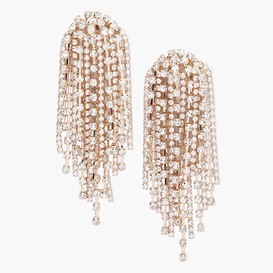 gold tone fringe drop rhinestone earrings