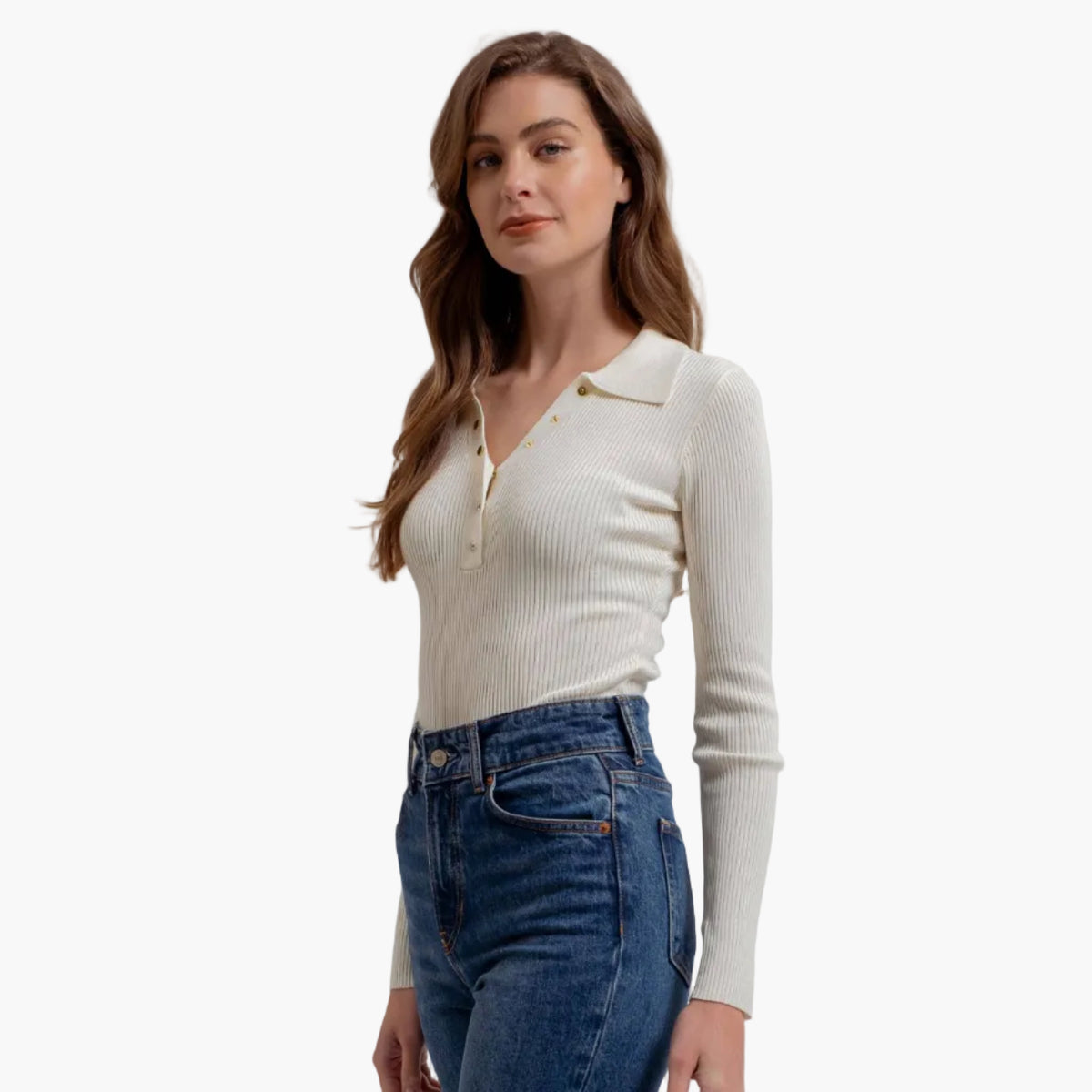 Ivory Collared Gold Snap Button Long Sleeve Knit Top