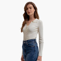 Ivory Collared Gold Snap Button Long Sleeve Knit Top