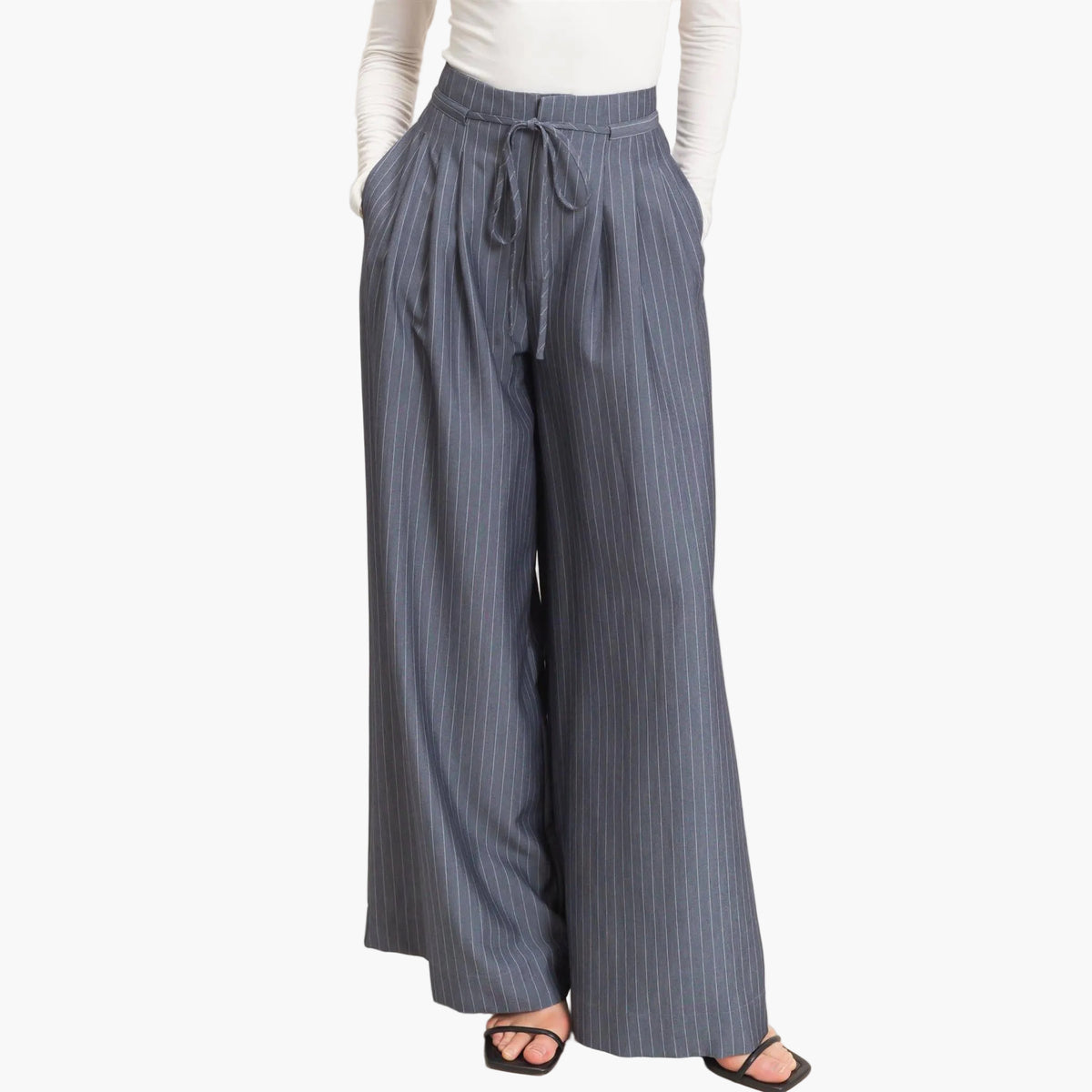 Light Navy Pleated Wide-Leg Pants