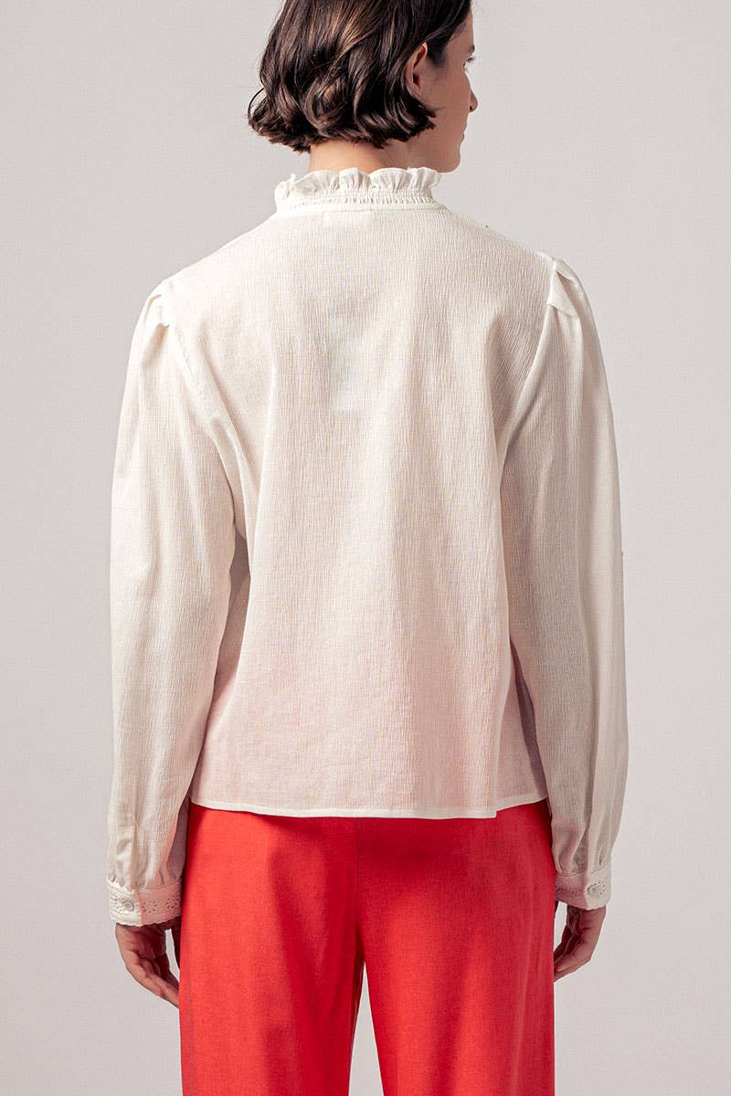 Ruffle Neck Lace Trim Button Down Long Sleeve Blouse