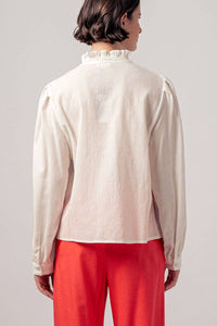 Ruffle Neck Lace Trim Button Down Long Sleeve Blouse