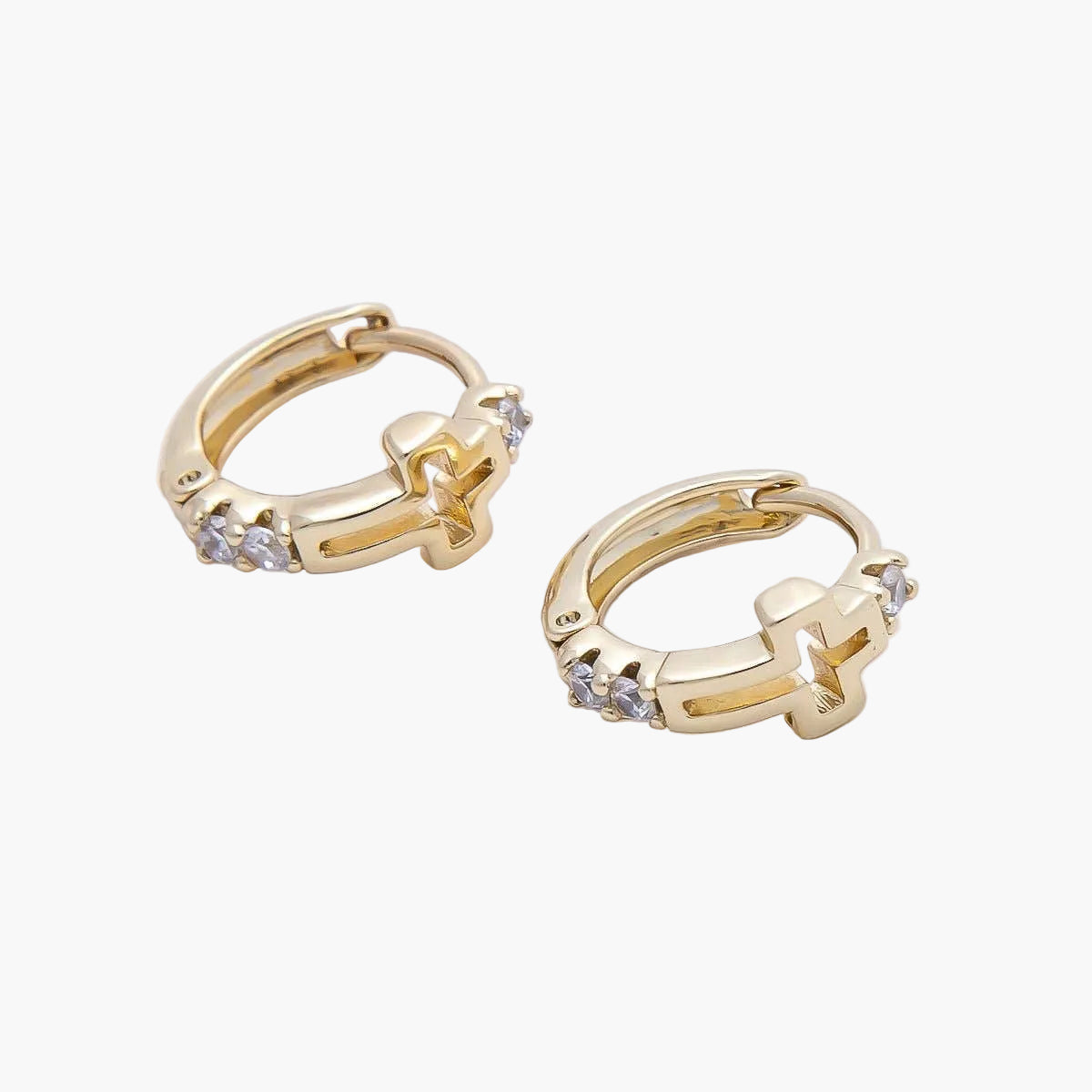 14K Gold Filled Open Cross Outline Micro Paved CZ Huggie Earrings