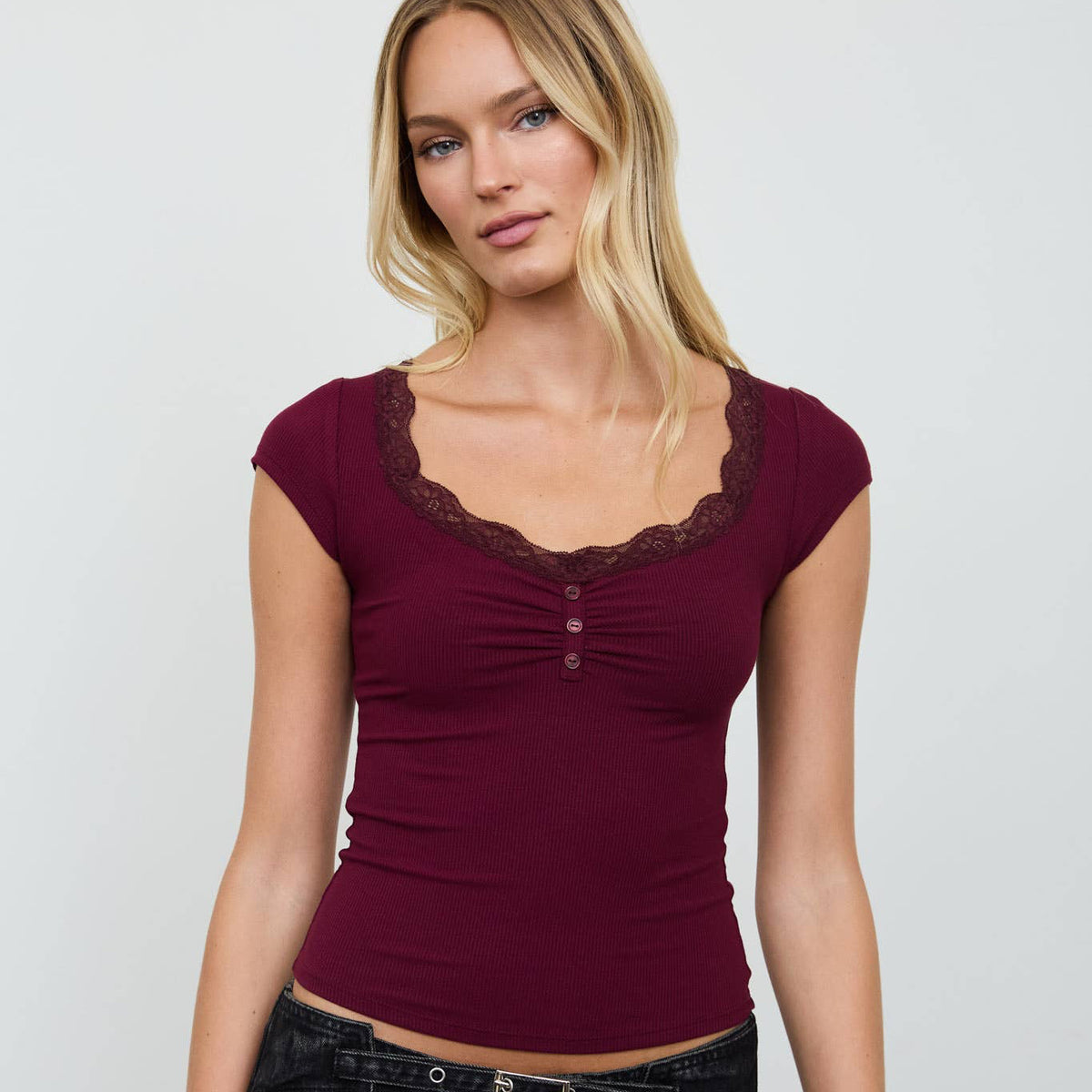 Brown Lace Trim Henley Knit Top