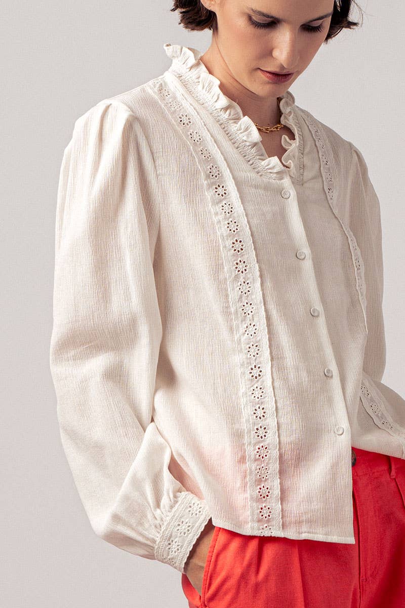 Ruffle Neck Lace Trim Button Down Long Sleeve Blouse