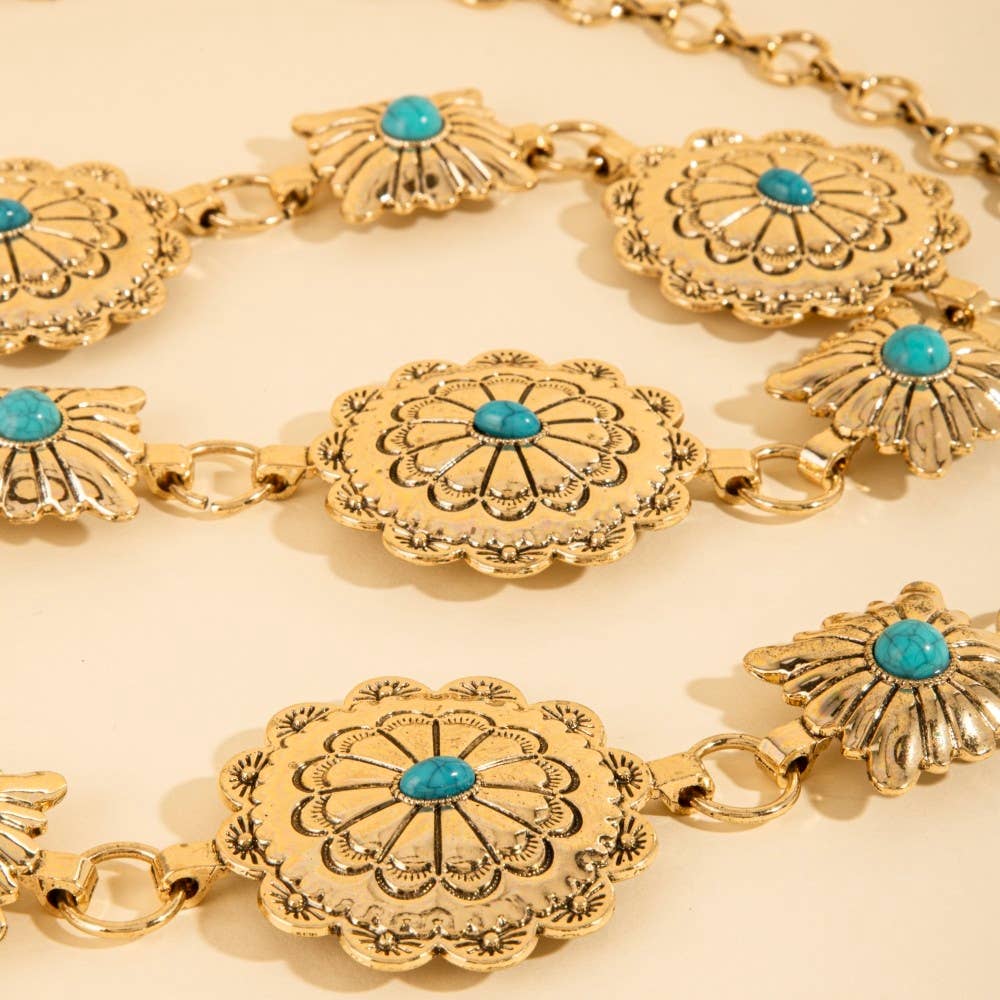 Gold Turquoise Western Round Concho Disc Chain Belt