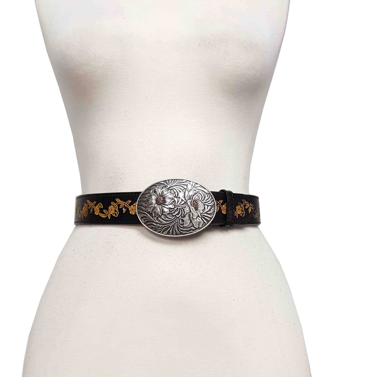 Embossed Hand-painted Vintage Floral Tooled Belt with Floral Belt Buckle