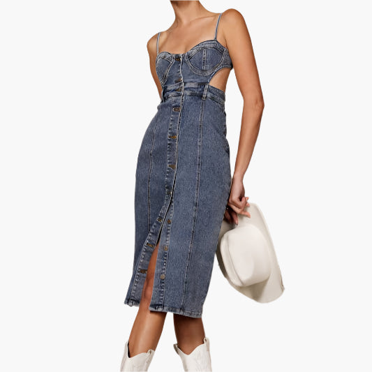 white christmas dresses Corset Flare Denim Midi Dress main image 1