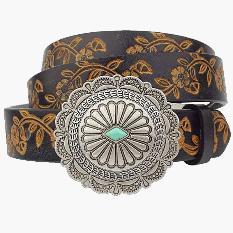 Hand Painted Tooled Belt With Western Buckle