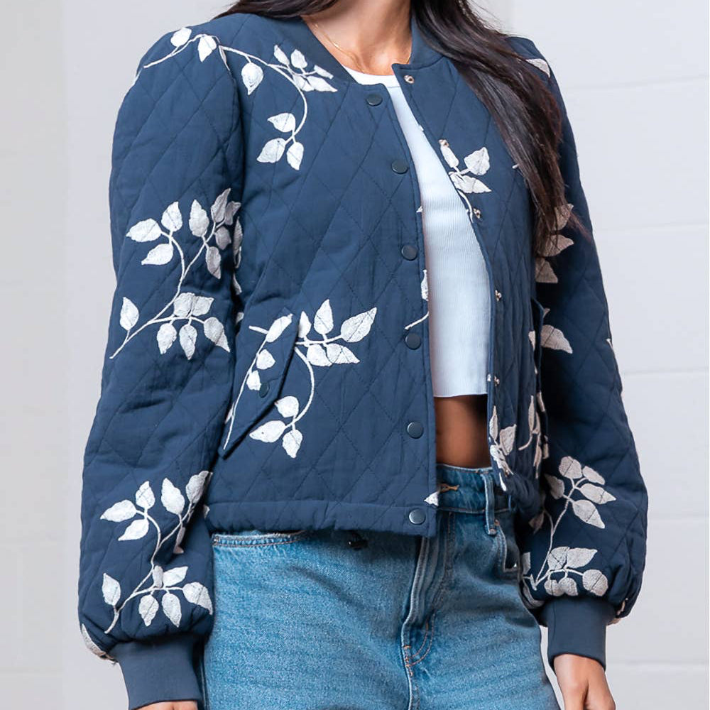 Navy Leaf Embroidered Quilted Jacket