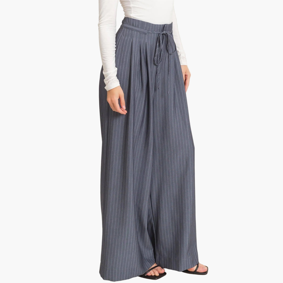 Light Navy Pleated Wide-Leg Pants