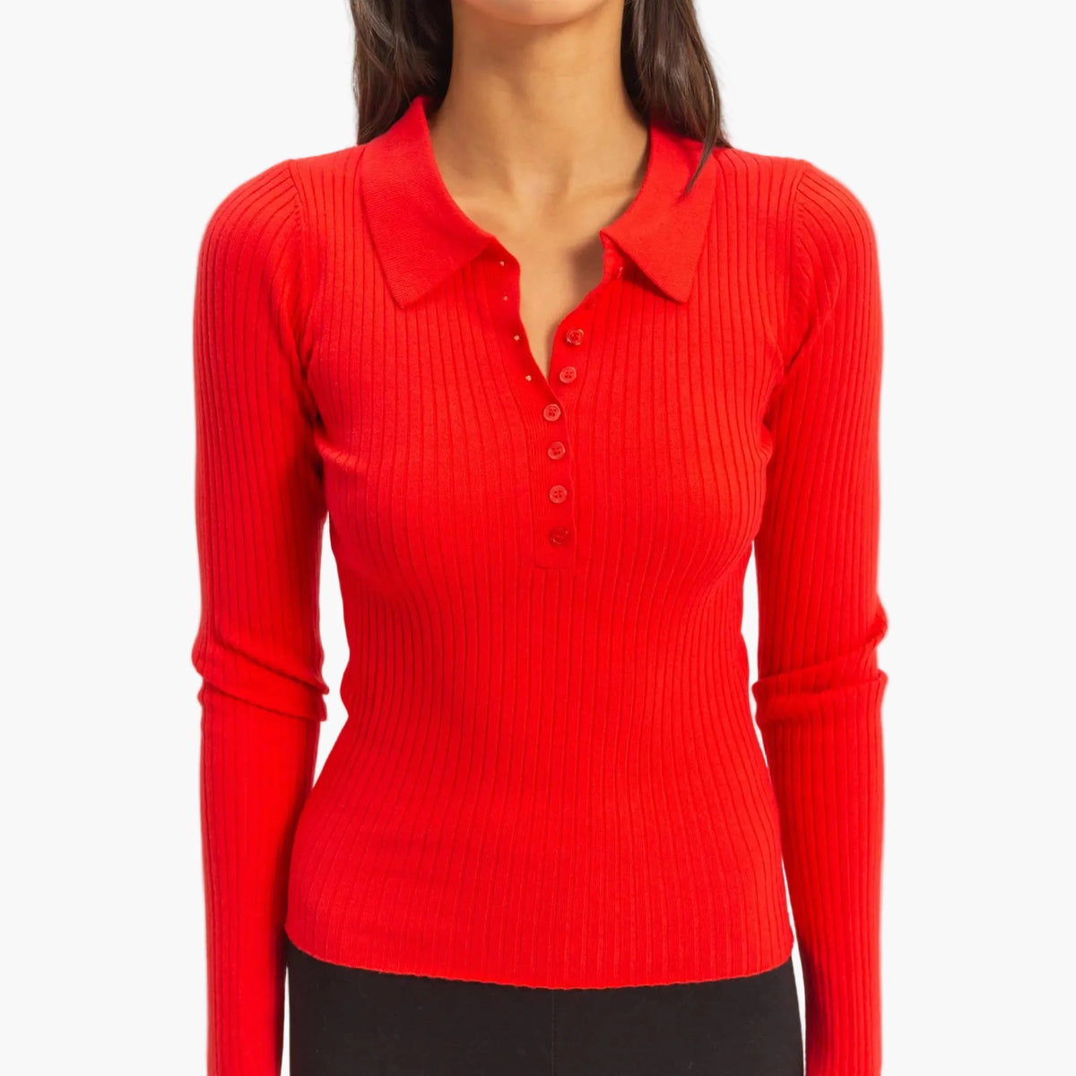 Red Ribbed Collared Button Front Top