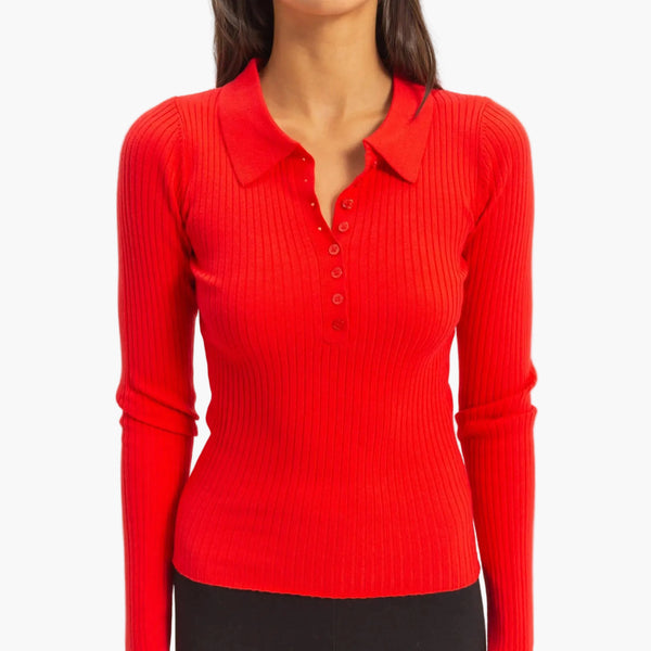 Red Ribbed Collared Button Front Top