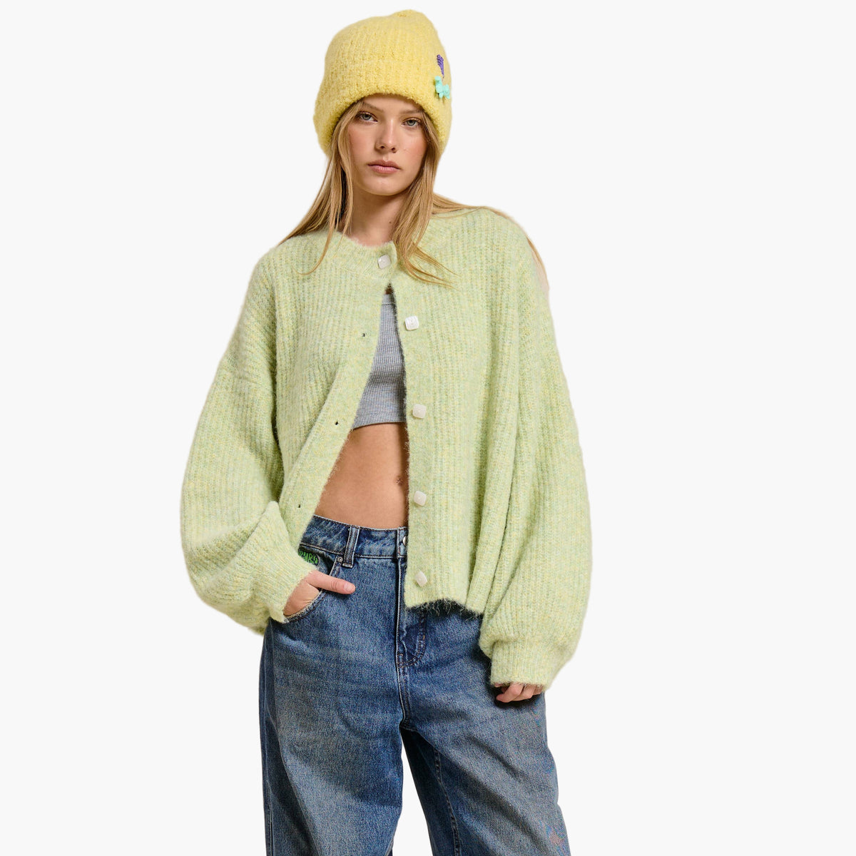 Oversized Lime Balloon Sleeve Knit Cardigan