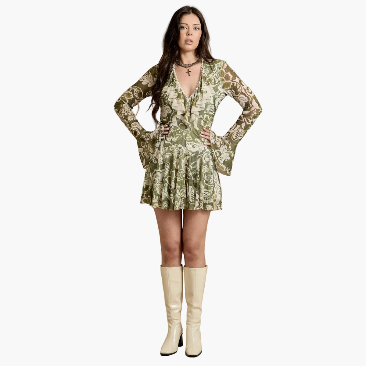 Green Floral Ruffle Mini Dress