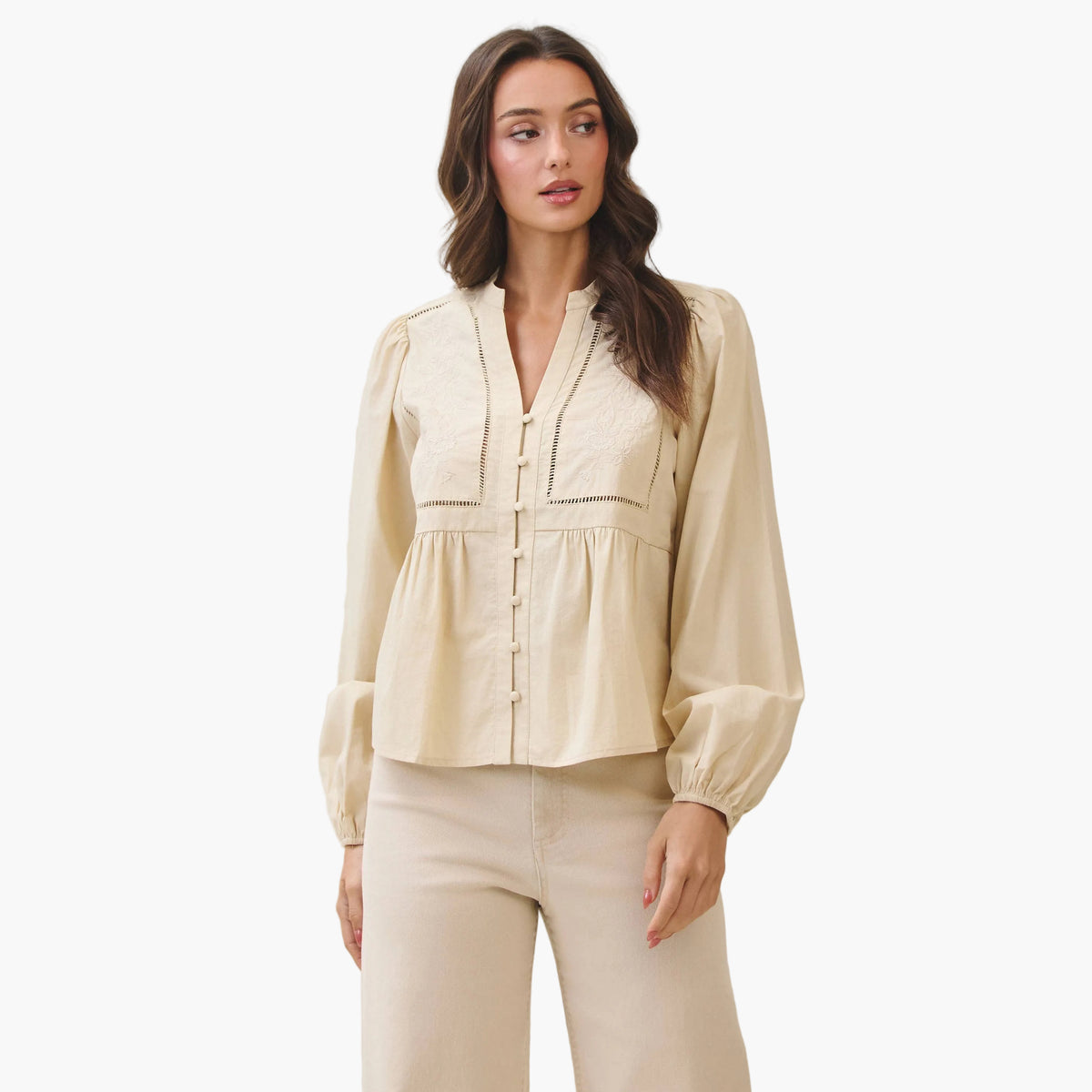 Ecru Embroidered Peasant Cotton Blouse