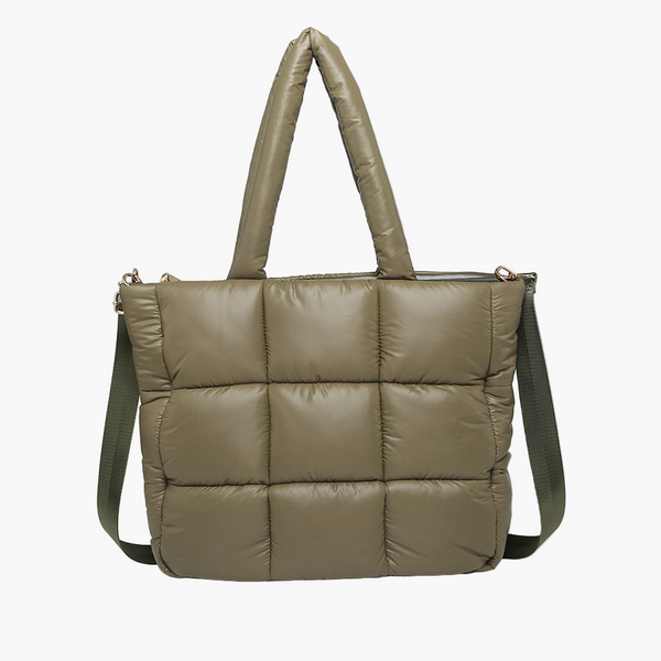 Green quilted handbag with a shoulder strap on a white background
