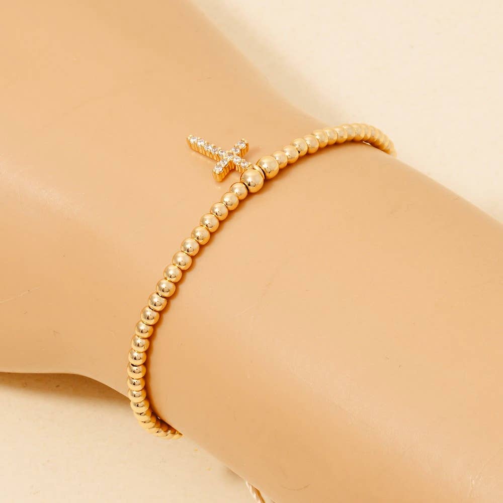 Cz Pave Cross Charm Beaded Cord Bracelet