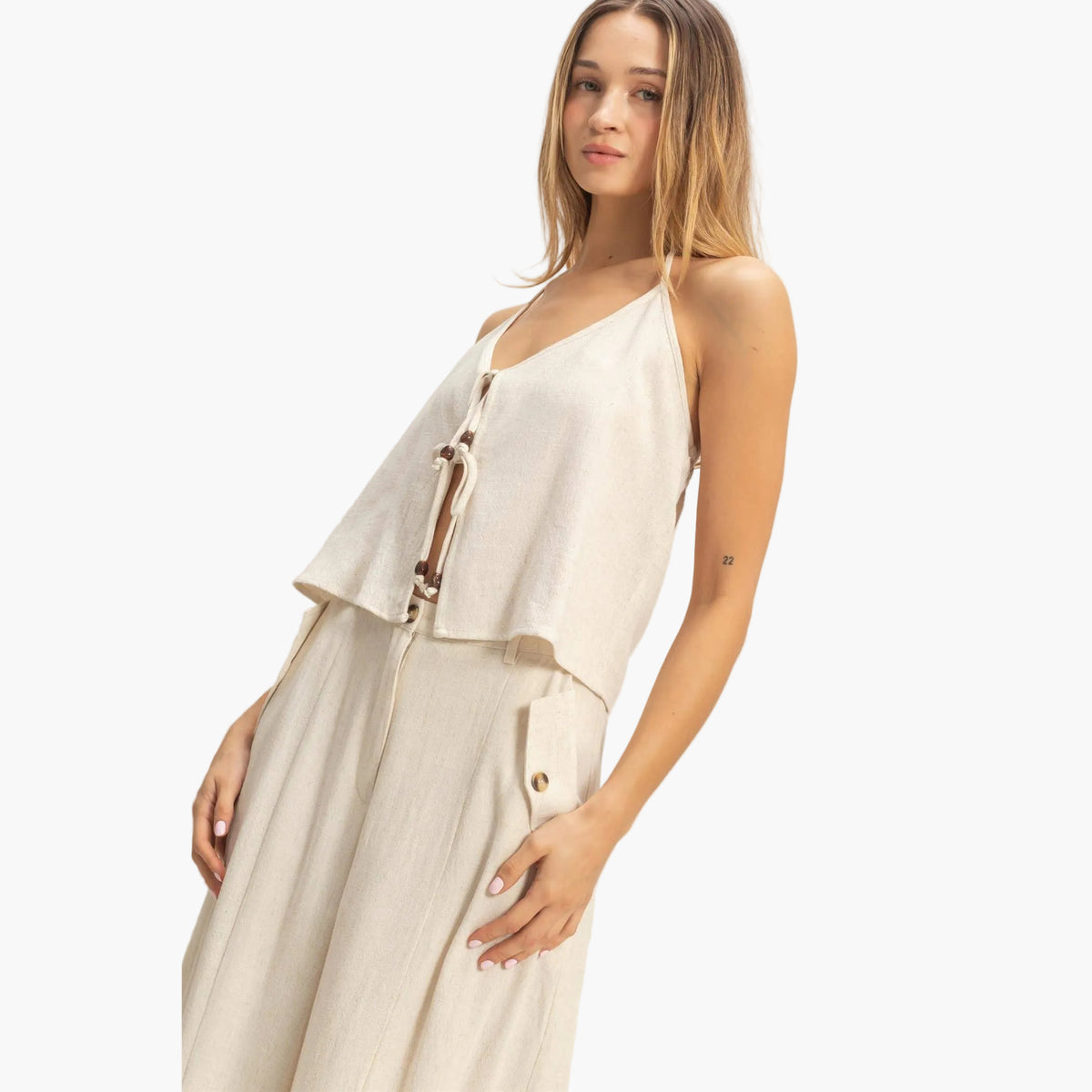 Halter Tie Front Top With Beads Detail