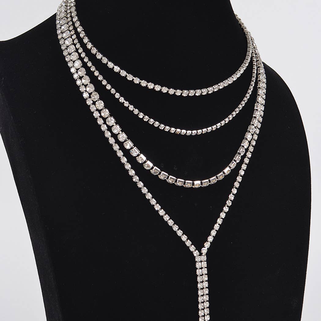 Silver Multi-Layered Rhinestone Y-Drop Necklace
