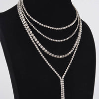 Silver Multi-Layered Rhinestone Y-Drop Necklace