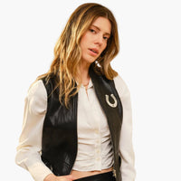 Black Faux Leather Western Buckle Zip Vest