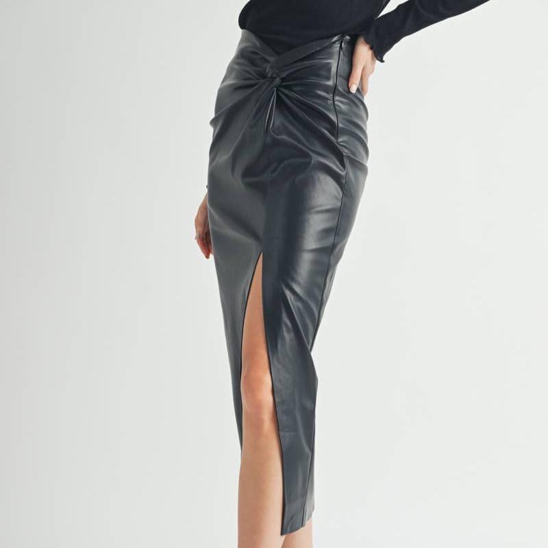 Twist Waist Faux Leather Midi Skirt