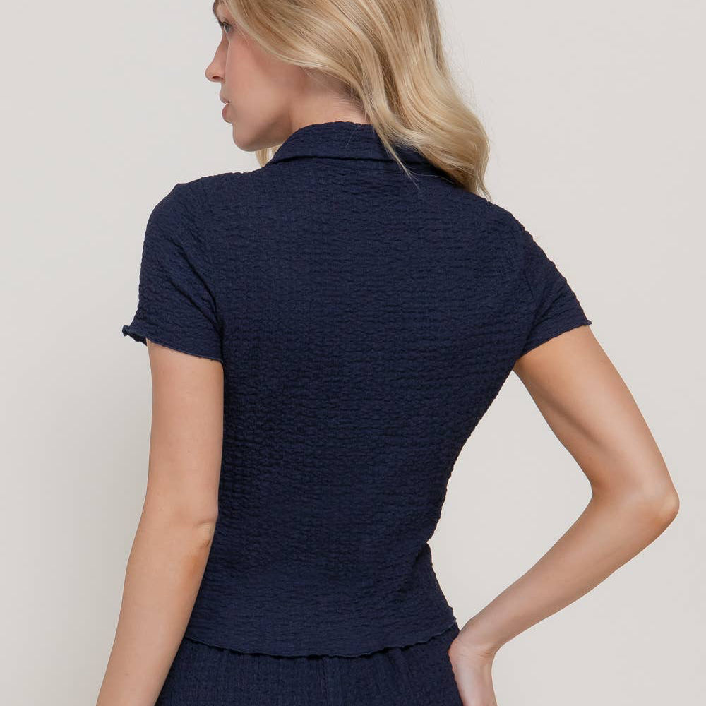 Textured Crinkle Button Down Knit Top