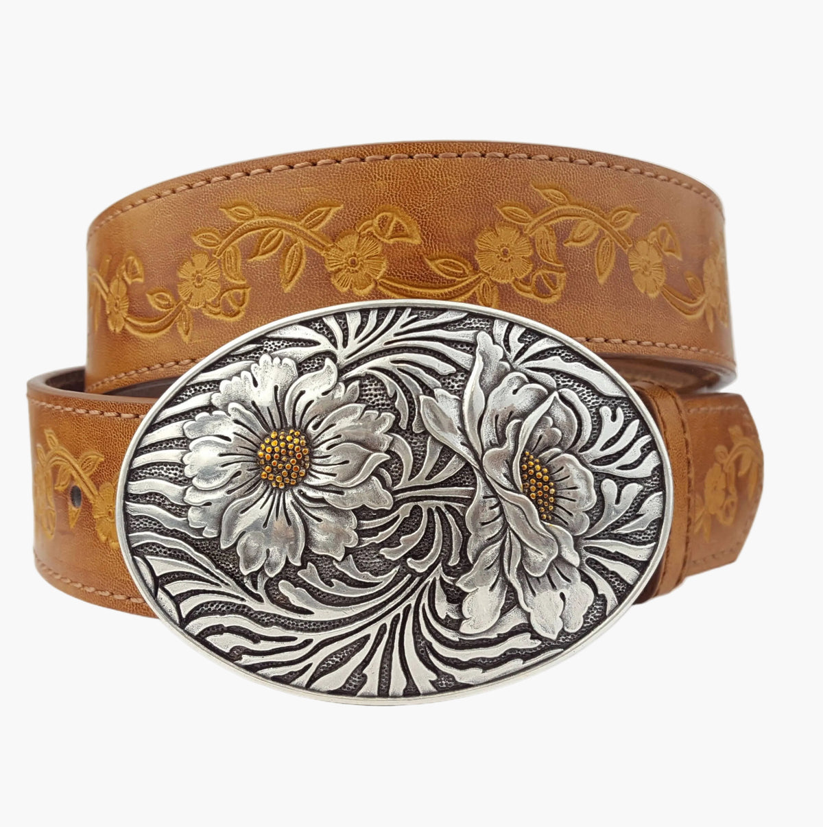 Embossed Hand-painted Vintage Floral Tooled Belt with Floral Belt Buckle