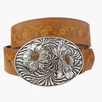 Embossed Hand-painted Vintage Floral Tooled Belt with Floral Belt Buckle